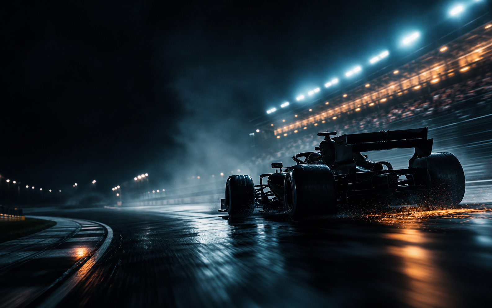 Silhouette of a Formula-style race car on a wet night track