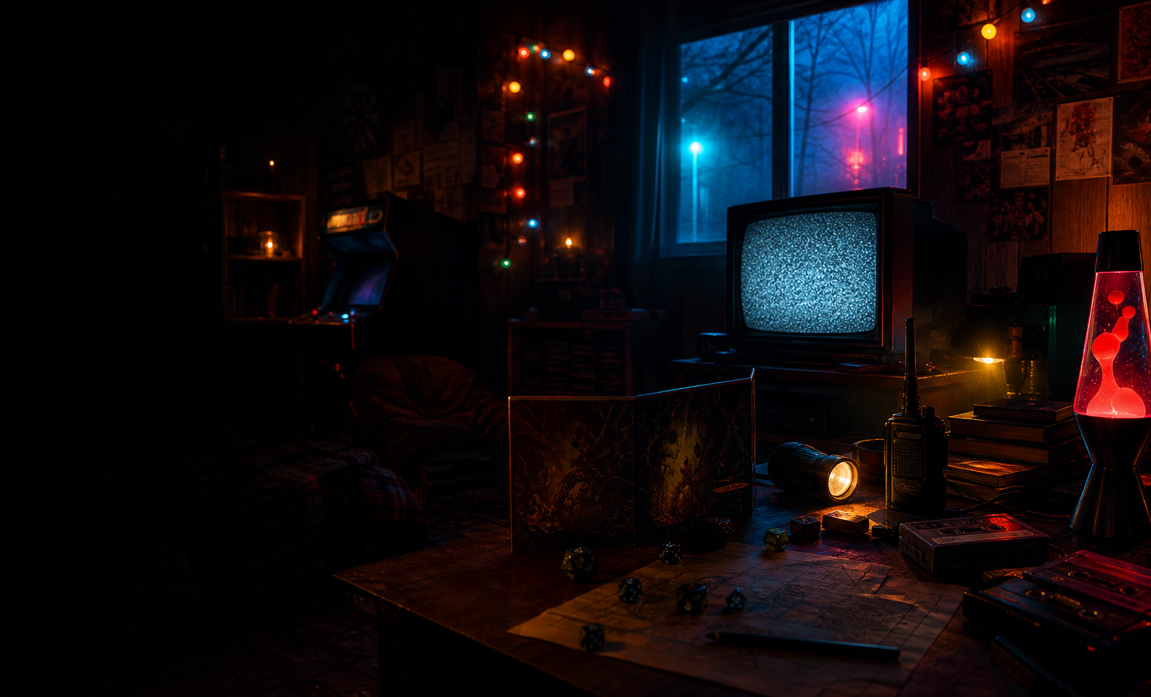 Dark 1980s room with string lights, a CRT television, dice, tapes, and neon glow