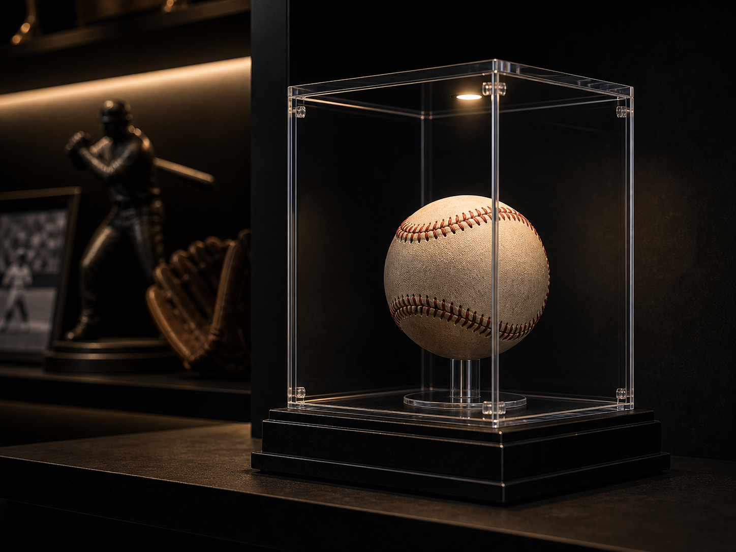 A clear acrylic baseball display case with a baseball inside