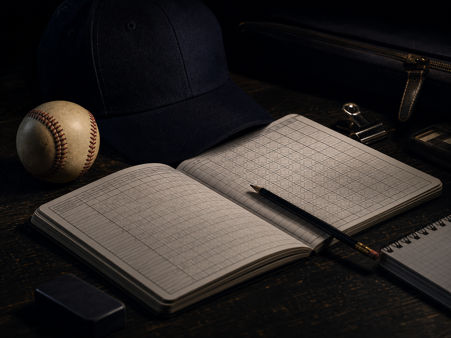 An open baseball scorebook with a pencil, baseball, and cap