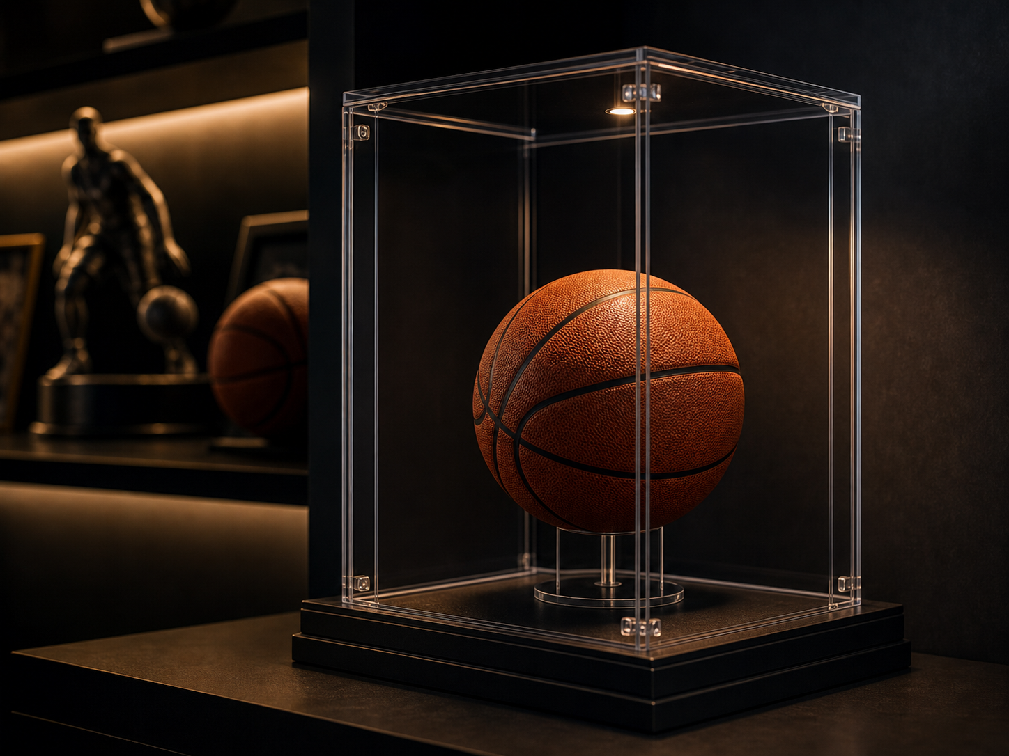 A clear acrylic basketball display case with a basketball inside