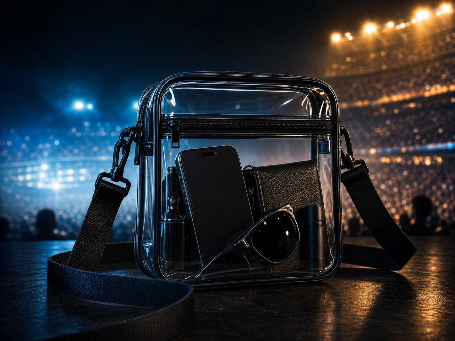 A clear stadium-approved crossbody bag packed with event essentials