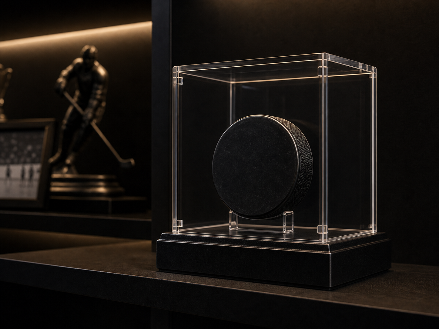 A clear acrylic hockey puck display case with a generic puck inside