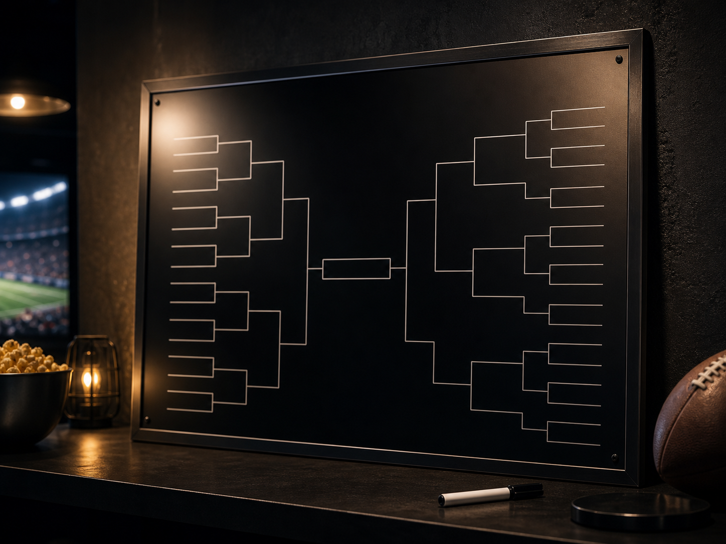 A blank dry-erase playoff bracket board with a marker