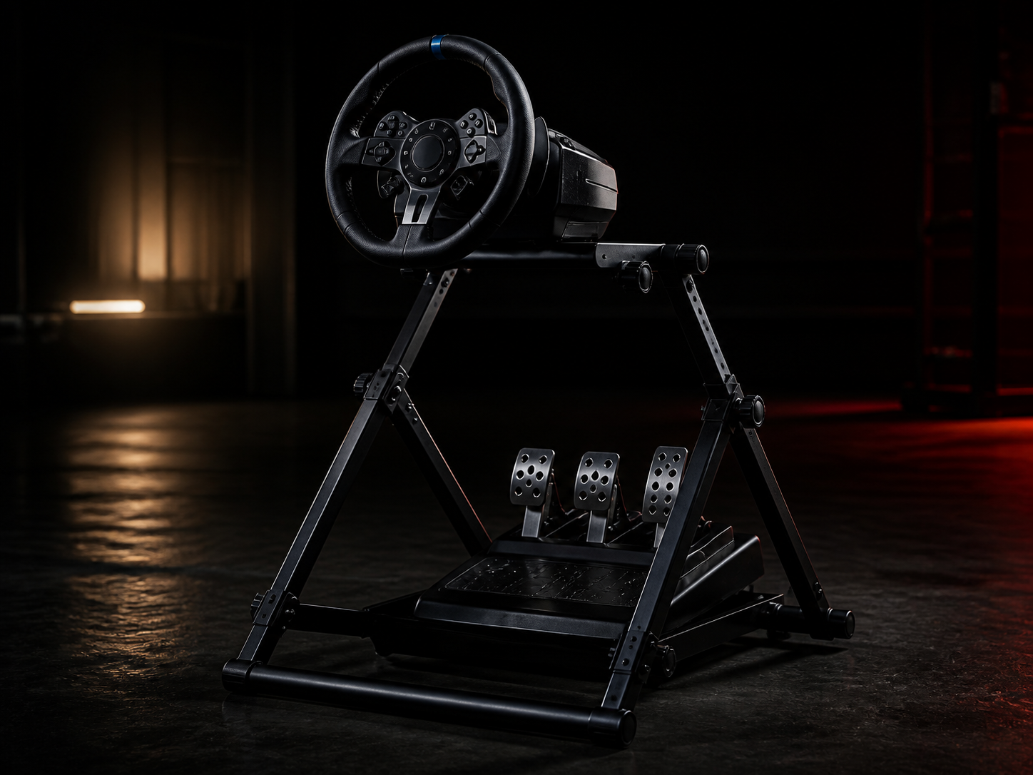 A racing wheel and pedal set mounted on a portable stand