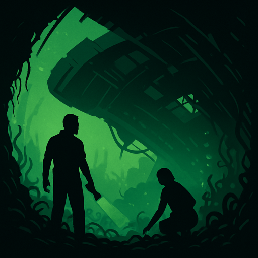 Silhouette of explorers in a crashed spaceship with green light.