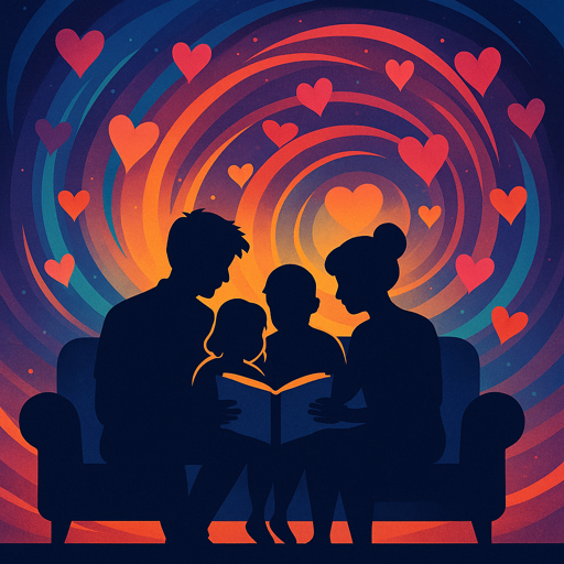 Silhouette of an animated family reading a book on a sofa with swirling colors and hearts