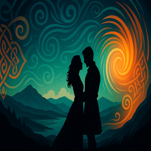 Silhouette of two lovers embracing in the Scottish Highlands with swirling Celtic patterns and a glowing time portal.